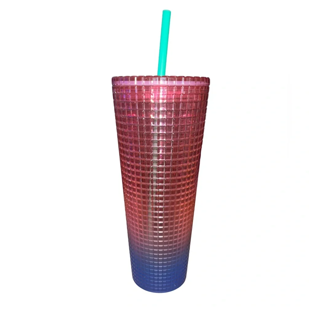 NWOT Starbucks Venti Pink Blue Gradient Grid Tumbler Cold Cup 24oz